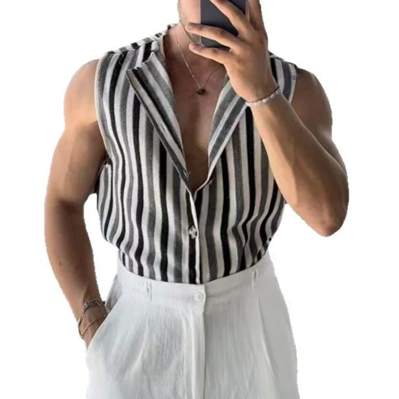 

Spring Summer Casual Mens Vest Shirt Vintage Sleeveless Buttoned Tank Tops for Men Trendy Striped Printing Camisoles Streetwear
