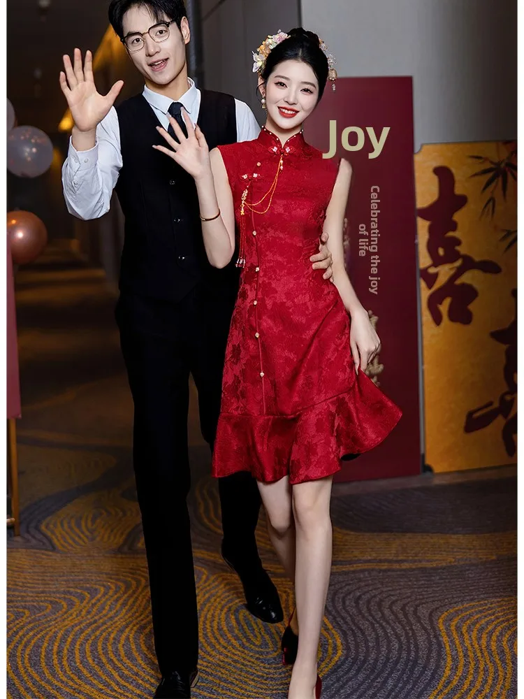 

Red ort Svel Wedding Dr Engagement Ceremony Dr Ele Zipper Sle Beaded Middle Waist A-Line Skirt