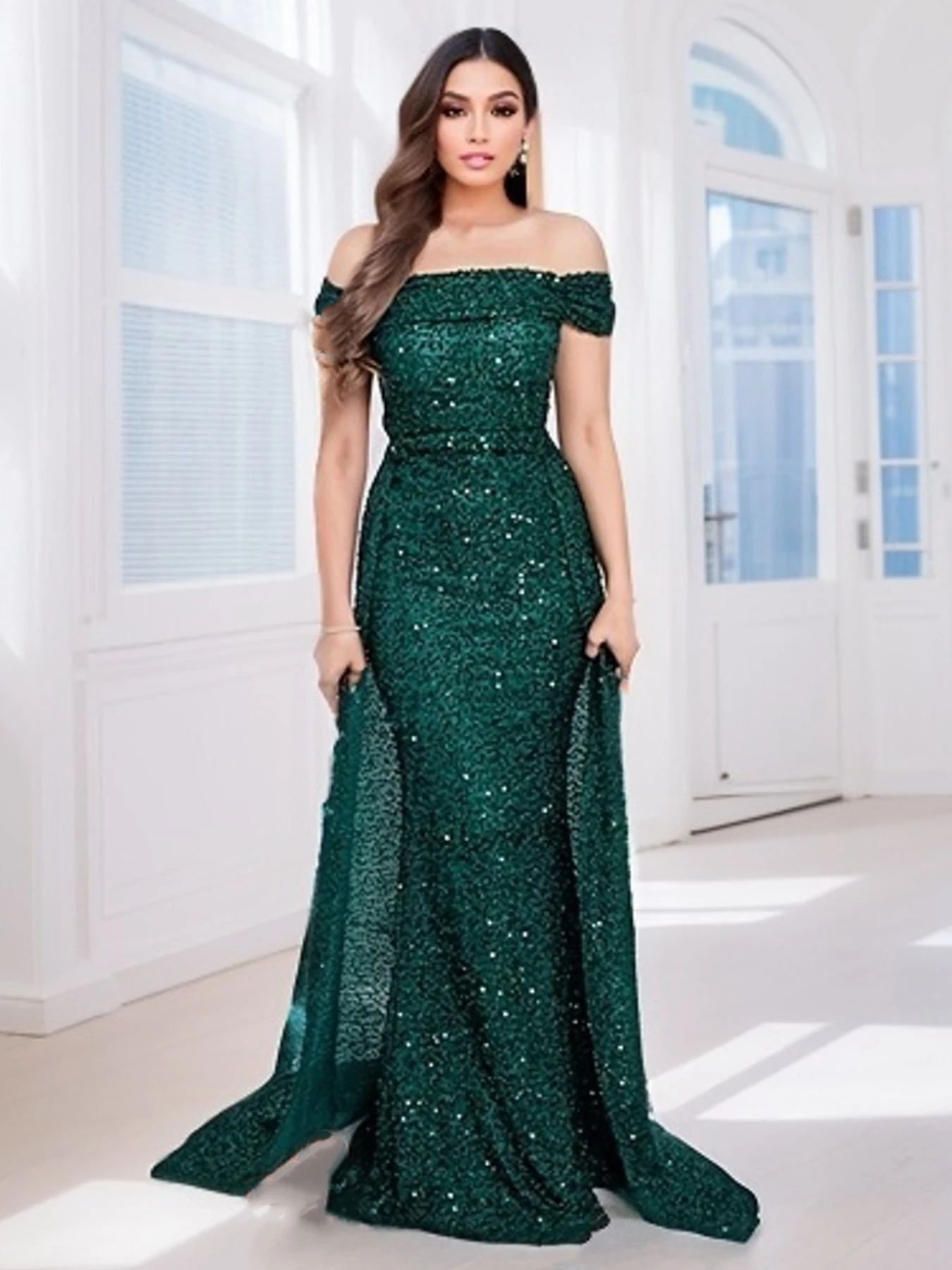 Off The Shoulder Slash Neck Green Sequin Elegant Women Party Dress With Detachable Trian Long Mermaid Floor Length Evening Prom