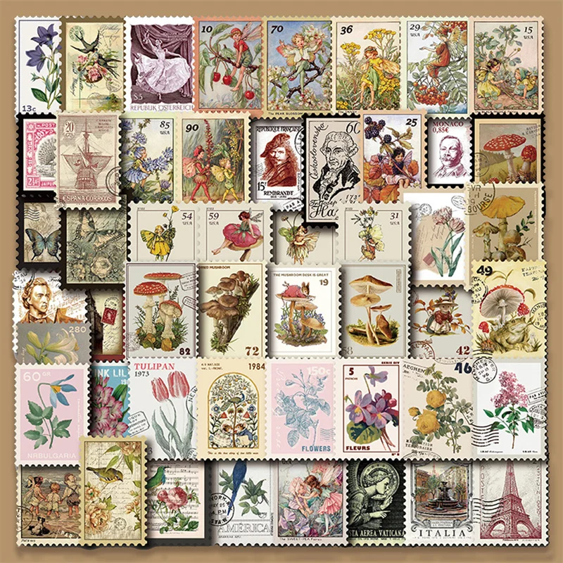 10/20/50PCS Vintage Stickers Retro Postage Stamp Style Diary Planner Decorative Scrapbooking Stickers Craft Stickers Kids Toys