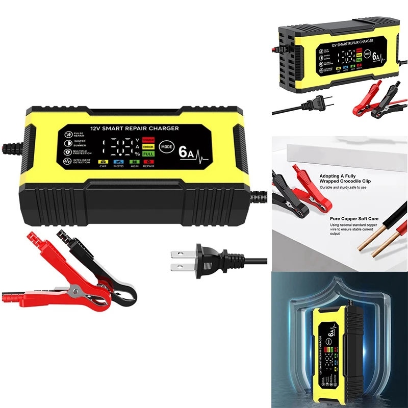 شاحن إصلاح ذكي 12 فولت 6 أمبير، شاشة LED لإصلاح النبض، شاحن ذكي سريع الشحن، شاحن الرصاص الحمضي للسيارات والدراجات النارية