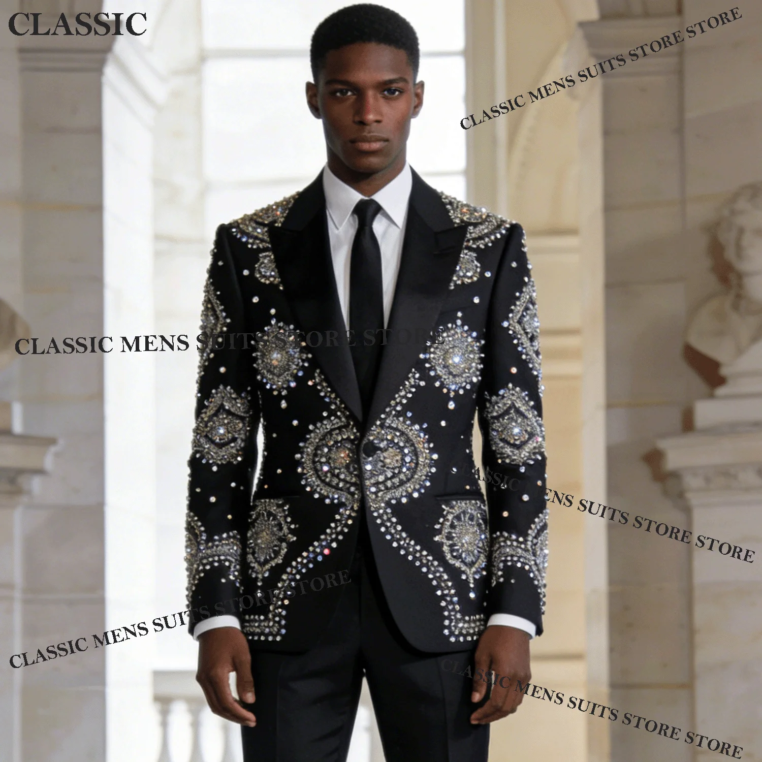 

Customized Exquisite Tuxedos Men Suits Diamond Decoration Glitter Peaked Lapel Groom 2 Pieces Set Wedding Male Prom Blazers suit