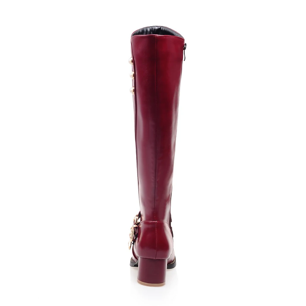 Brand New Fashion Red Black Women Knee High Motorcycle Boots 2 inch Heels Lady  Shoes HL21 Plus Small Big Size 12 31 45 52