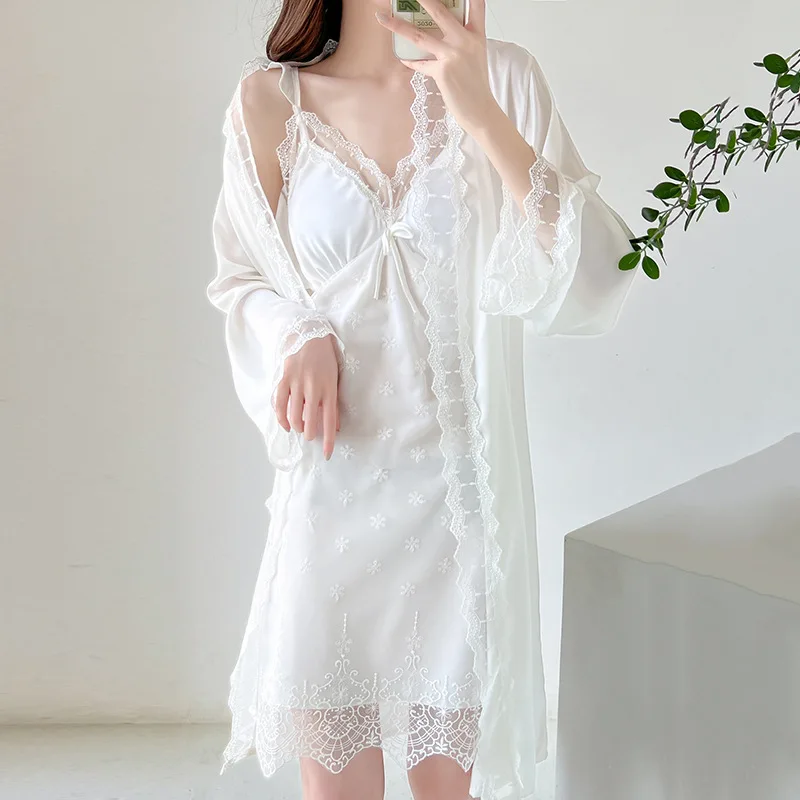 Loungewear 2PCS Kimono Robe Set Nightwear Women Sleepwear Bathrobe Gown Long Sleeve Sexy Lave Nightgown Intimate Lingerie