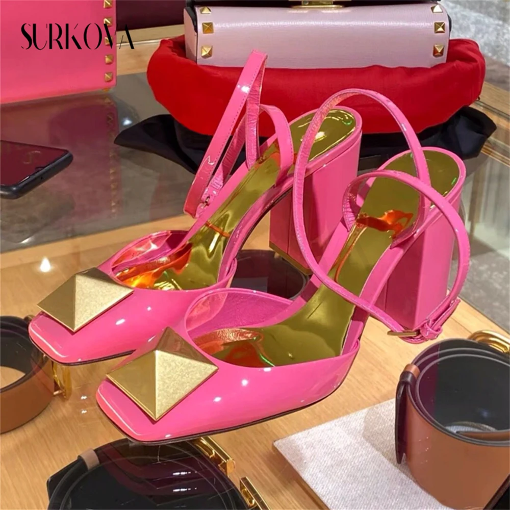 Fashion Women's Shoes Square Heel Block Heel Sandals Solid Color Large Rivet Buckle Pumps for Women Comfortable Leather Shoes