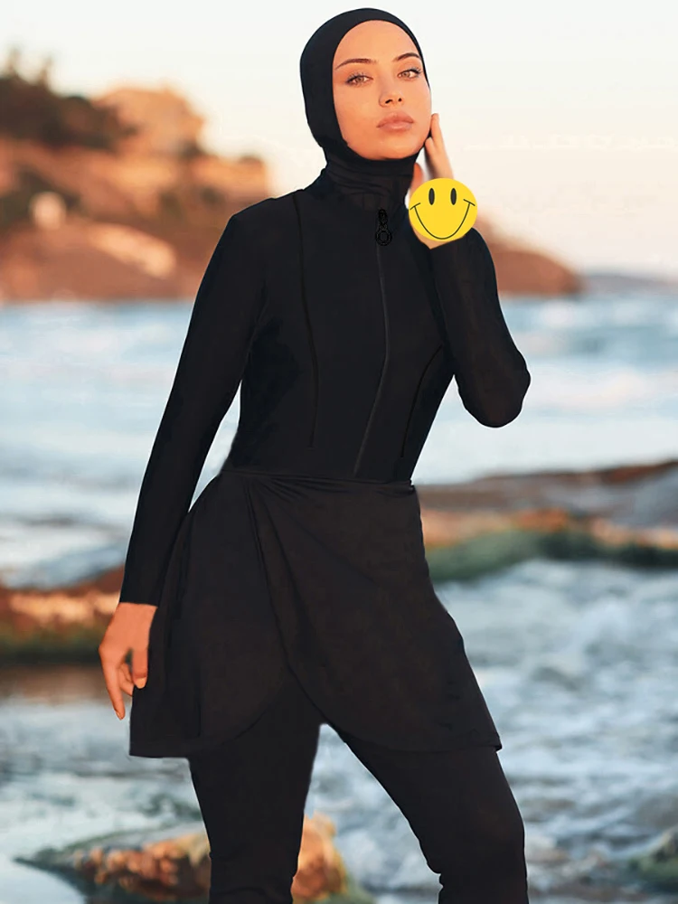 3/4PCS Black Series Modest Burkini Swimwear Women Swimsuit Short/Long Sleeves Swim Summer Beach, Quick Drying, UPF50+