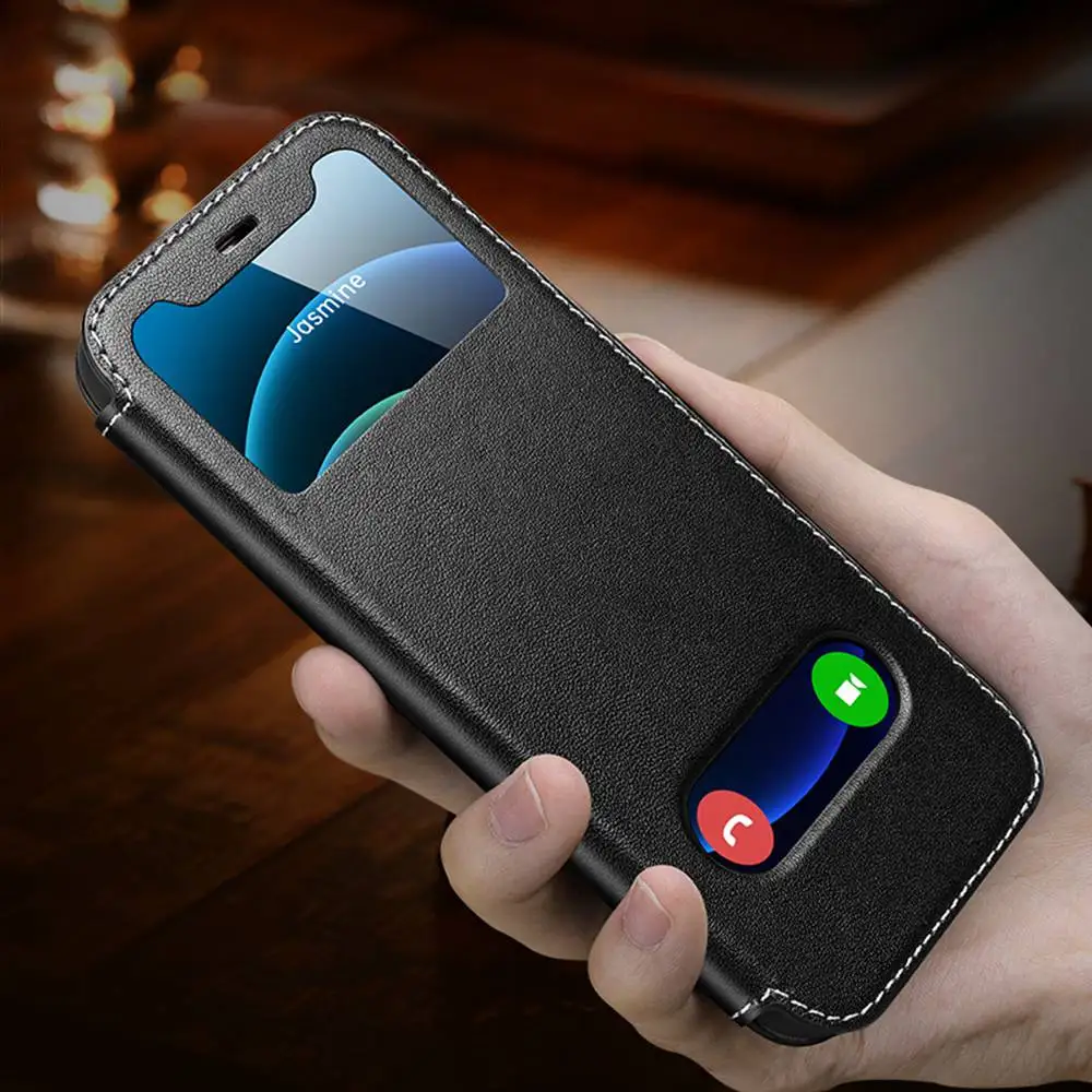 

Window View Genuine Leather Case For iPhone 14 Pro Max 14Plus 13 12 Mini 11 7 8Plus SE 2022 Free Answer Wallet Stand Flip Cover