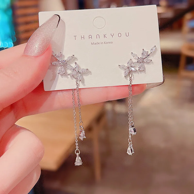 Silver Inlaid Zircon Flower Tassel Earrings For Women Korean Fashion Temperament Earrings Bride Wedding Exquisite Jewelry Gifts