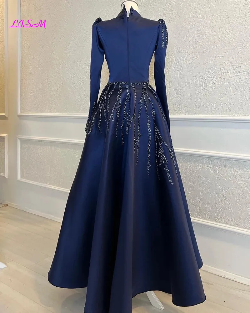 Gaun Malam Muslim Lengan Panjang Bermanik Satin Navy Gaun Pesta Formal Leher Tinggi Kaftan Maroko Robe De Soiree