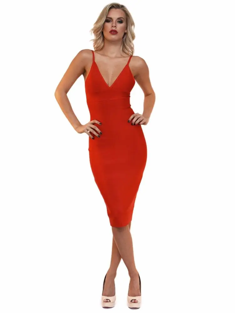 

rayon women deep v-neck spaghetti strap mid calf bandage dress red sexy dresses for party club