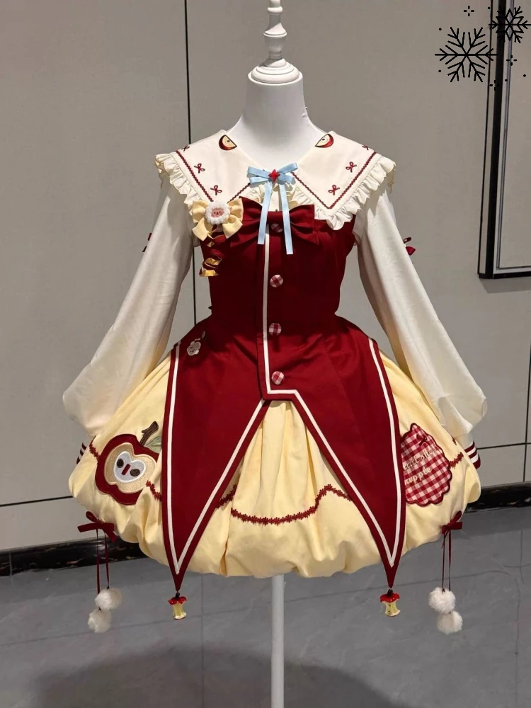 

Японский сладкий кавайный Лолита, комплект из 3 предметов, женская рубашка с бантом Kawaii + красный жилет + пышные юбки, винтажные вечерние шикарные наряды в стиле Харадзюку