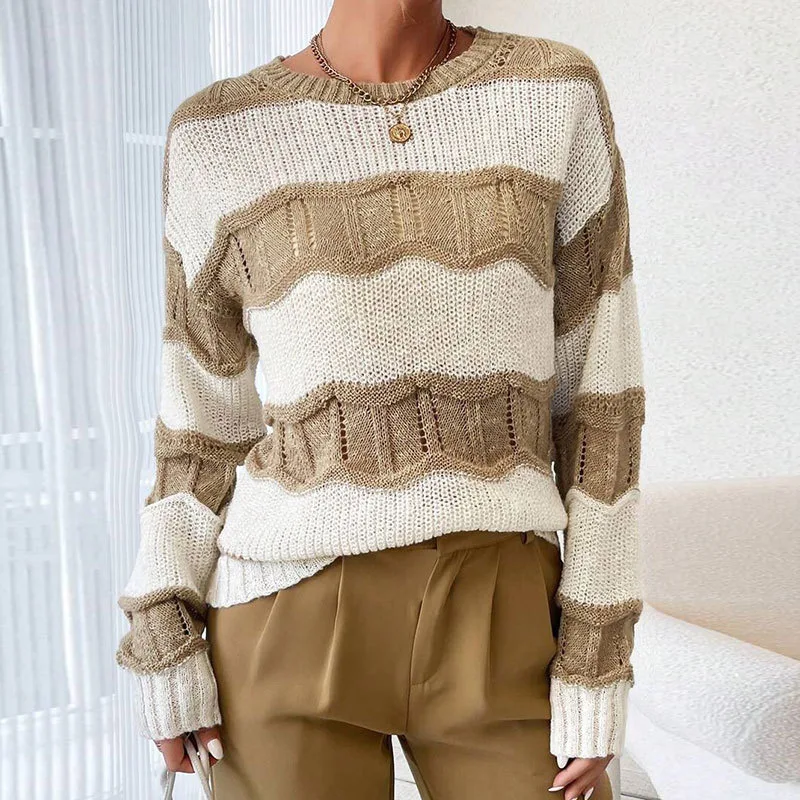Women's Autumn Winter Loose Knit Sweater 3D Striped Cable Knit Long Sleeve Round Neck Versatile Pullover