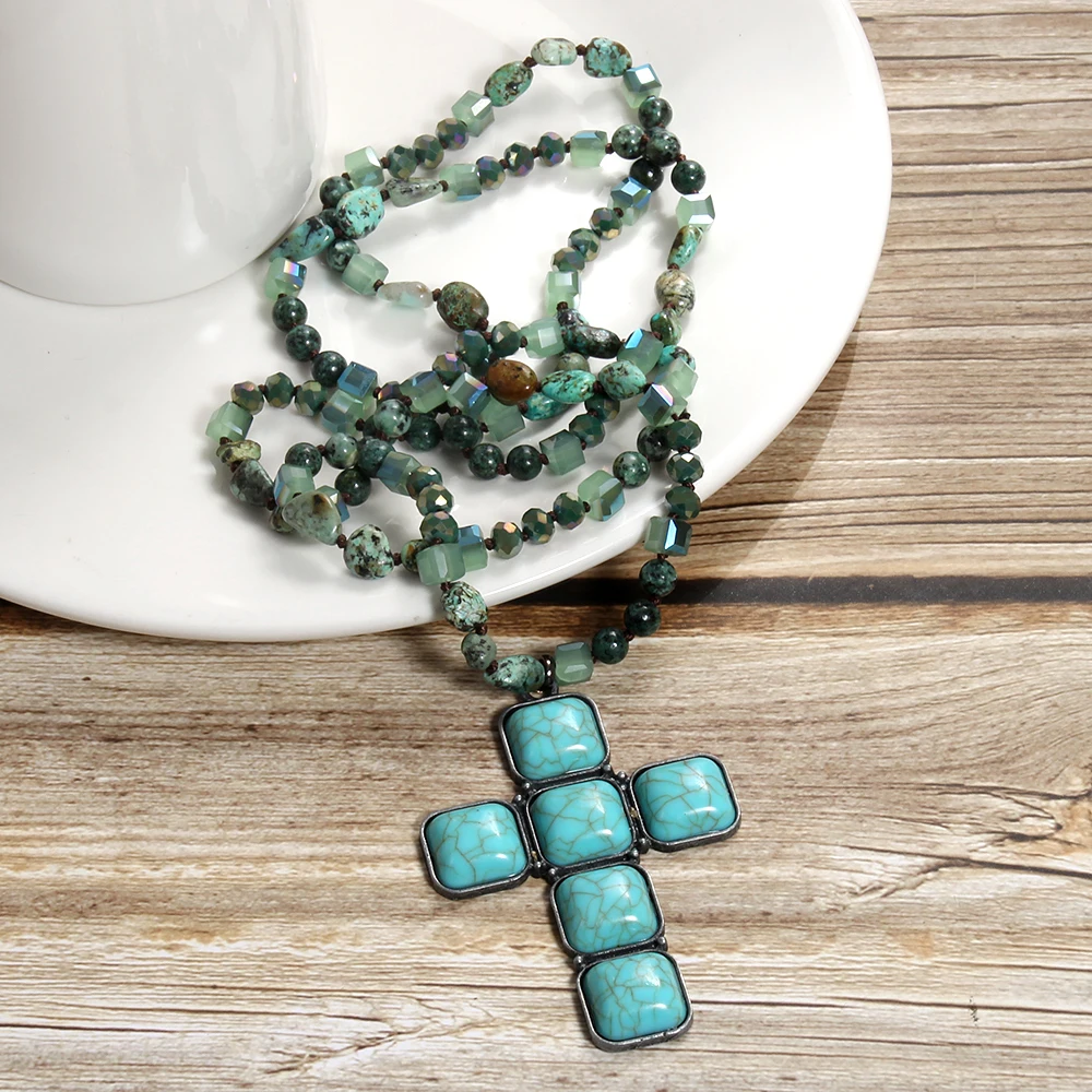 Spring New Fashion Bohemian Blue Green Natural Stone Glass Knot Necklace Square Cross Pendant Necklace Sweater Chain