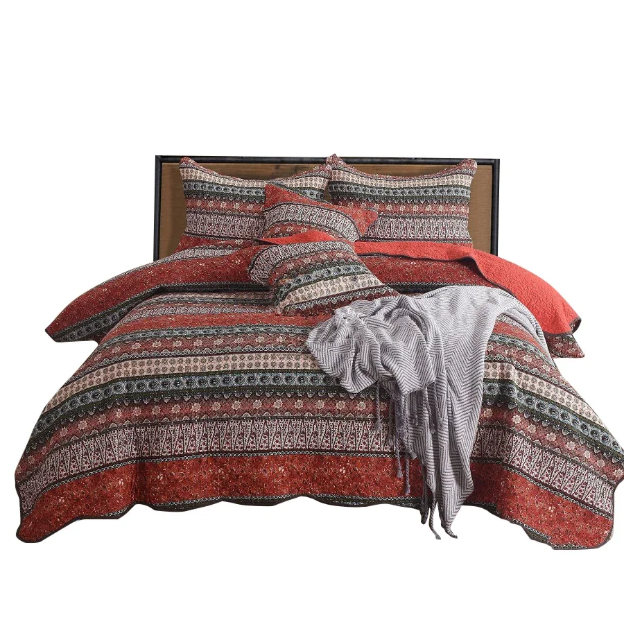 Bohemia Print Quilt Set 3-Piece Cotton Bedspread for Bed with 2 Pillowcase King Queen Size Summmer Blanket on Bed Coverlet