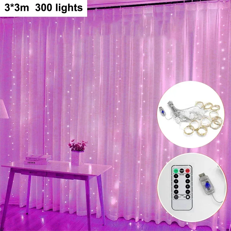 Guirnalda de luces LED de Navidad, cortina de luces con 8 modos, USB, Control remoto, cadena de luces de hadas, decoración de Navidad, decoración de boda, lámpara de Año Nuevo