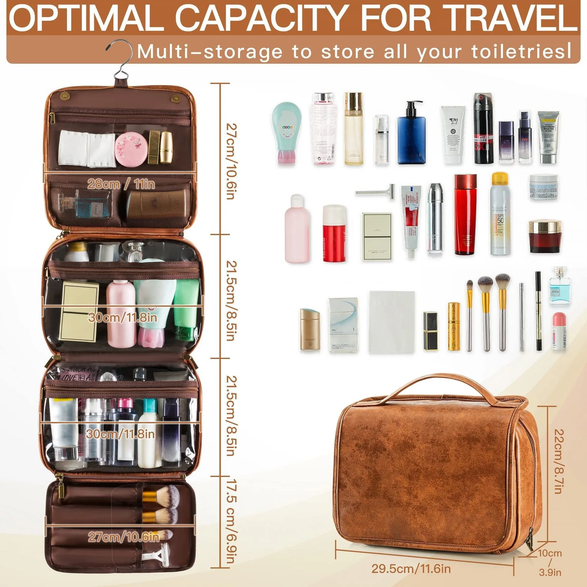 Horizontal men's and women's crazy horse skin wash bag, travel and business multifunctional large capacity makeup bag