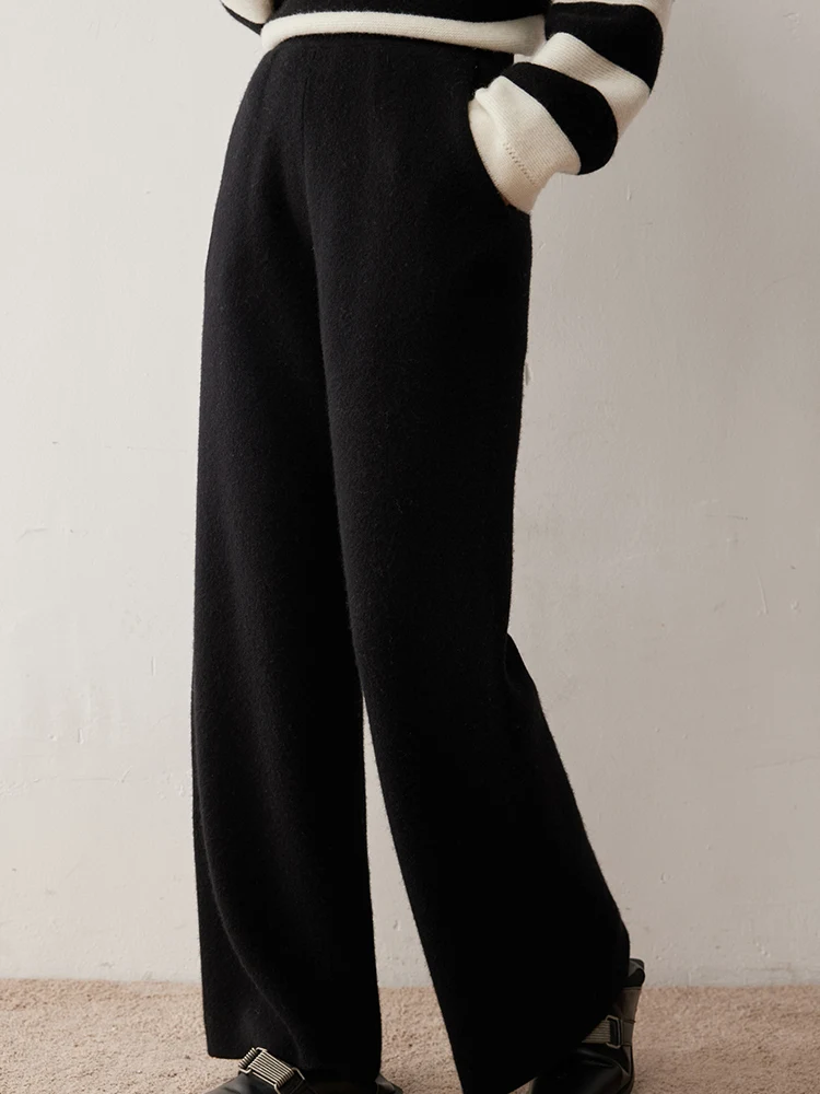Bureau dame automne hiver femmes pantalons 100% cachemire pantalon taille élastique pantalon droit pantalon chaud épais tricoté bas