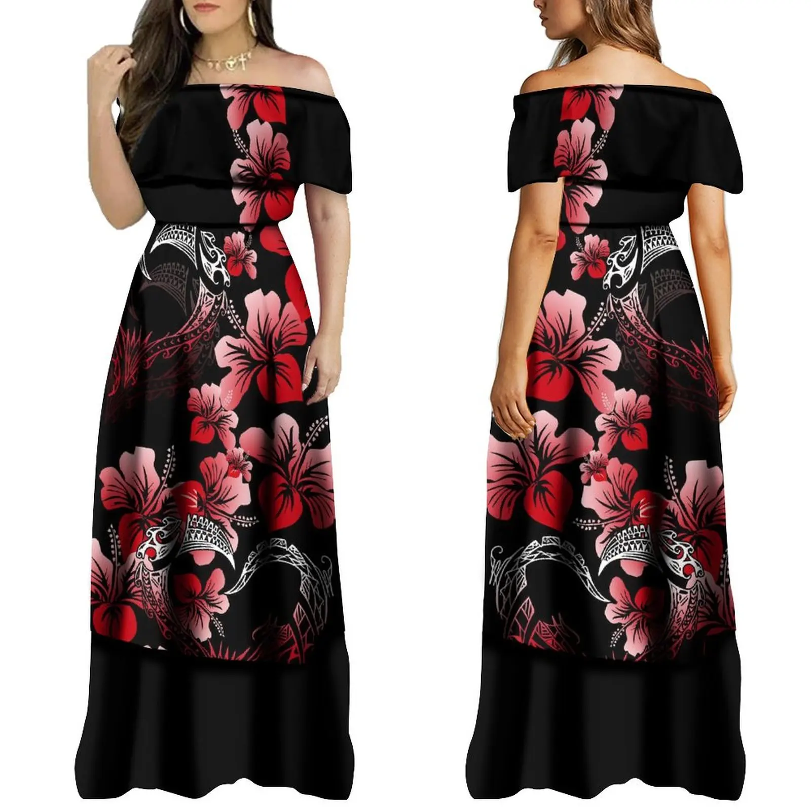 Vestido de fiesta Hawaiano de la tribu polinesiana para mujer, vestido Sexy elegante, estampado de flores de hibisco negro, A medida