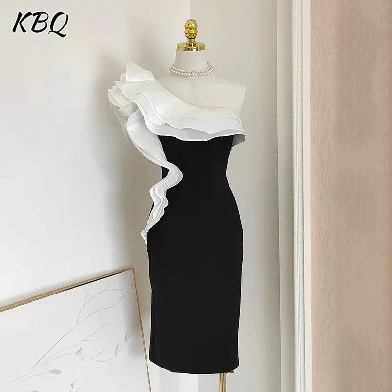 

KBQ Hit Color Slimming Spliced Ruffles Backless Chic Dresses For Women One Shoulder Sleeve Tunic French Evening Dress Female New