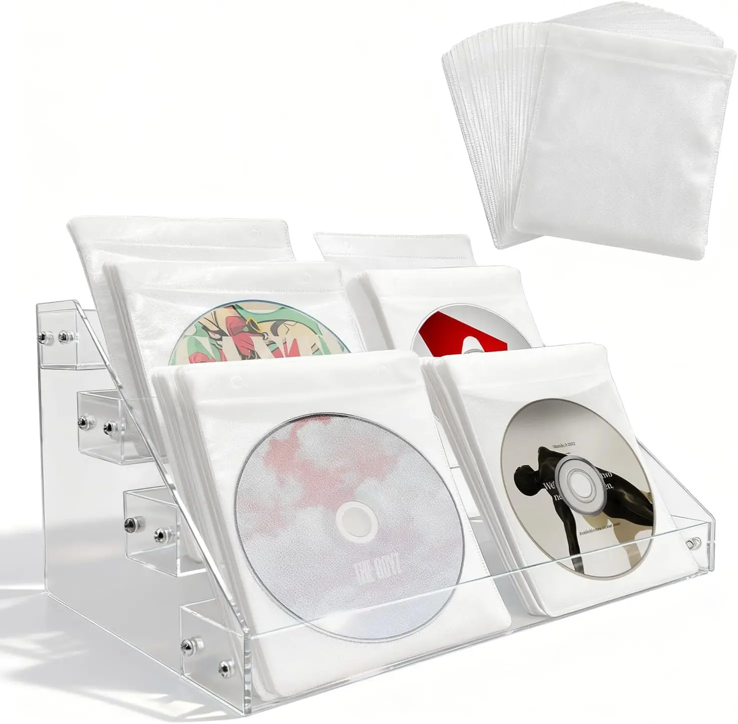 

4-tier clear acrylic cascading CD holder, DVD/CD display stand, storage box, and vinyl record shelf. Holds up to 32 standard CD