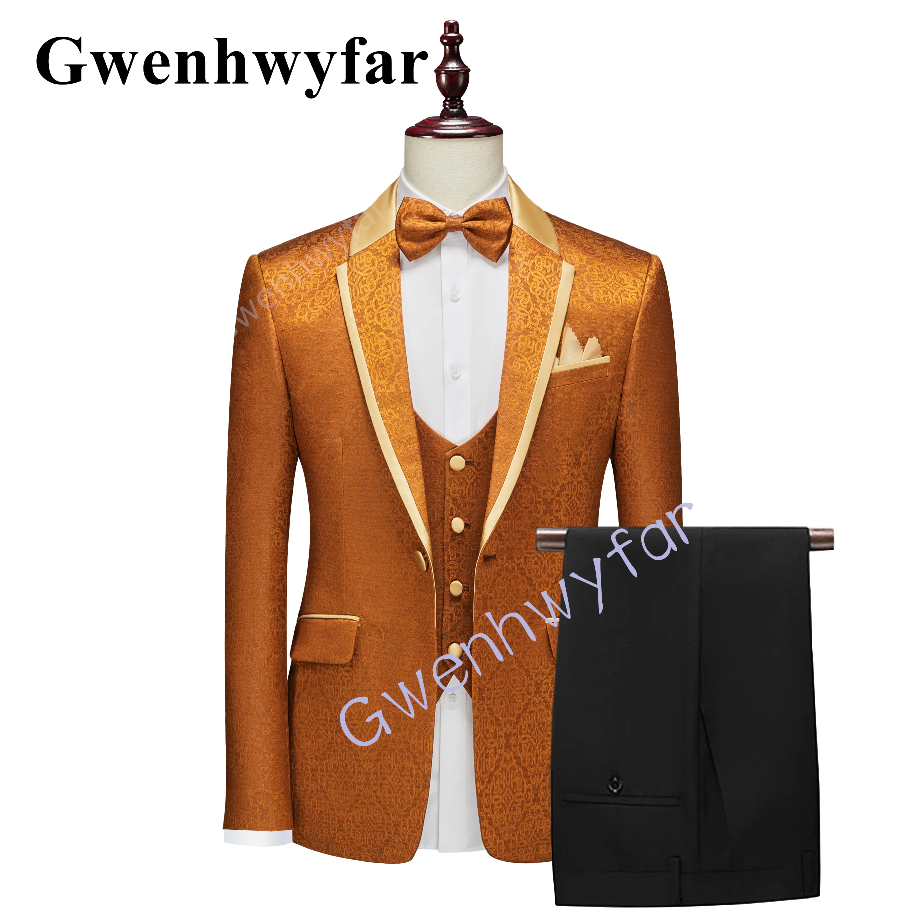 

Gwenhwyfar Trend New Luxury Gold 3 Pieces Suit for Men Wedding Party Jacquard Fabric Groom Suit Jackets Tuxedo ropa para hombre