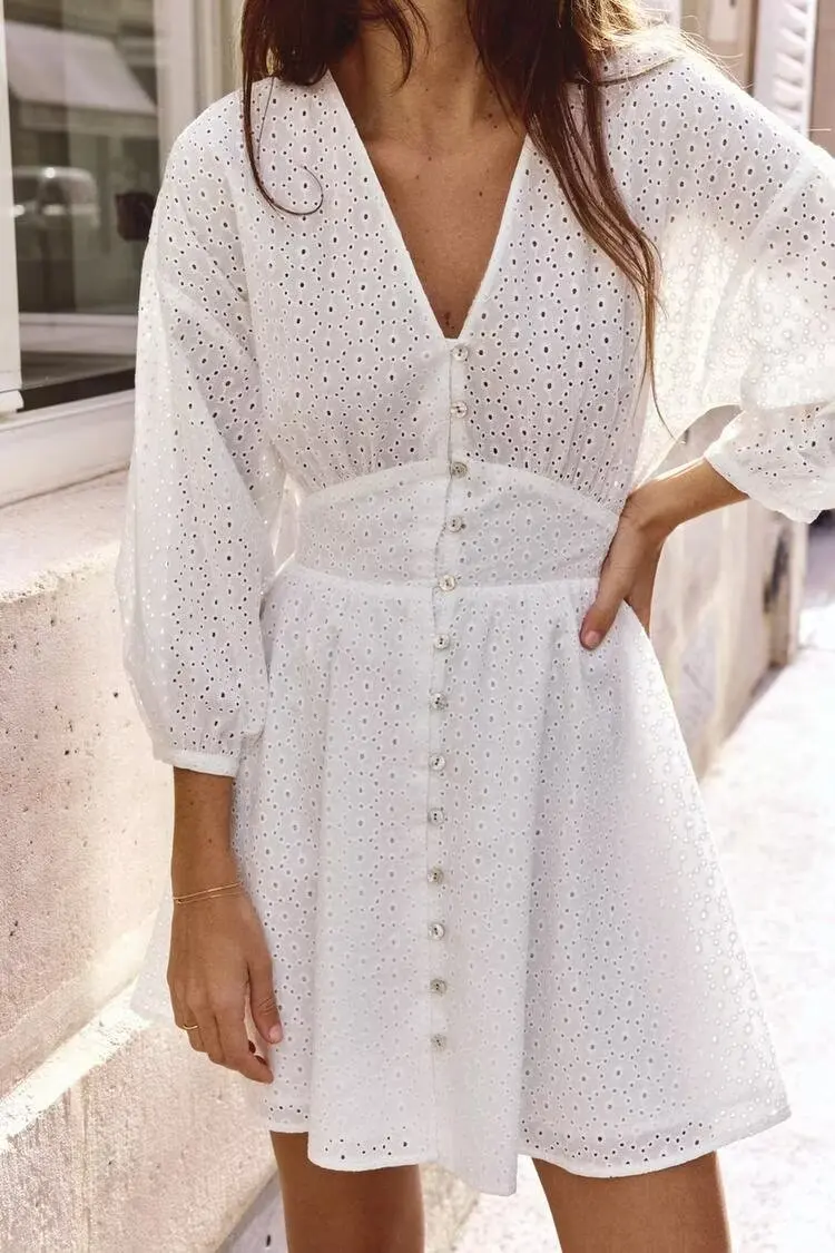 

BB6246 25 Summer New Product Women's Cotton Hollow Embroidery V-neck Solid Color Simple Mini Dress 2812874