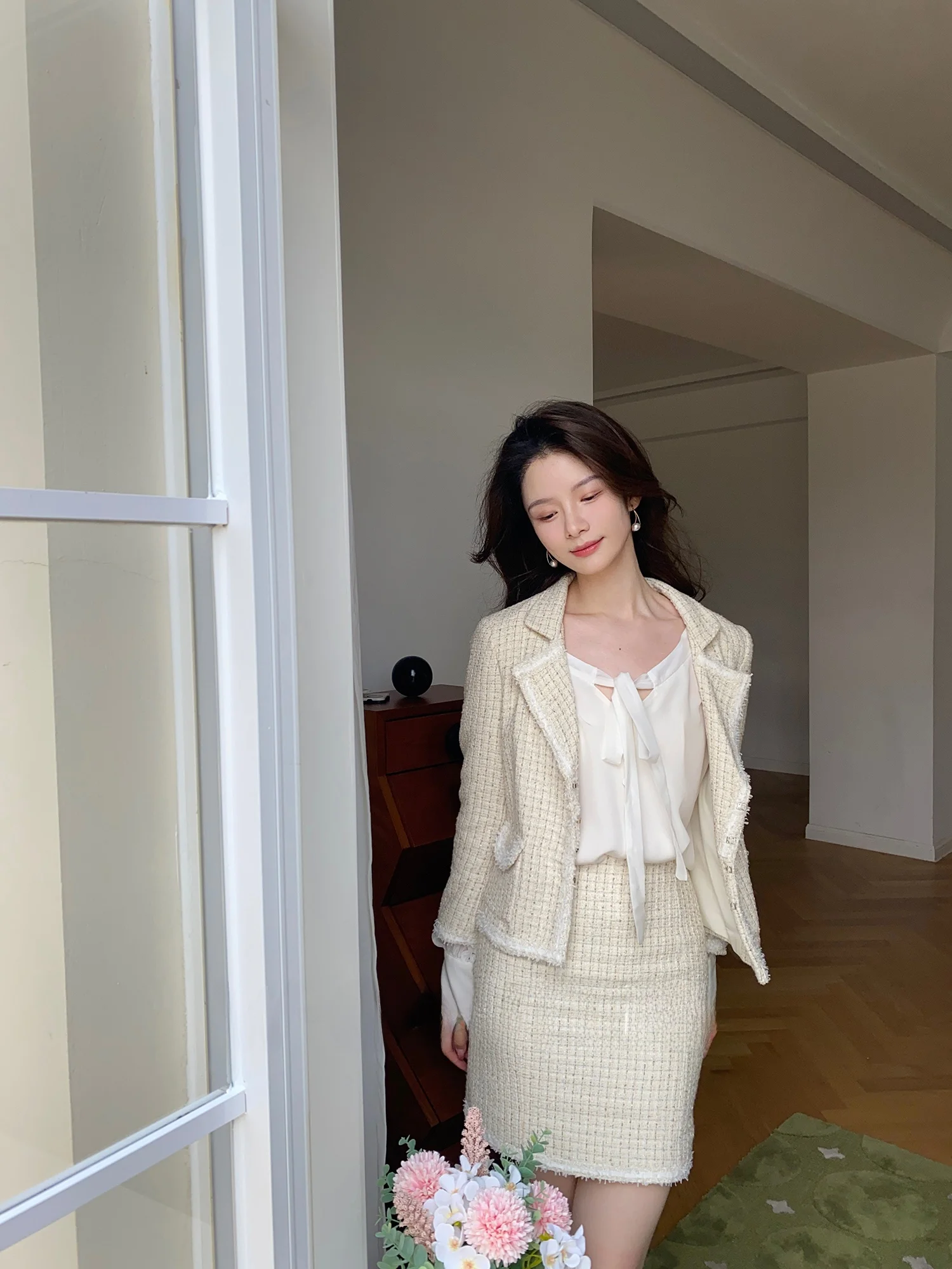 

Комплект Wcouture: Элегантное пальто в крупную клетку и юбка с бантом, модный осенний женский костюм из смесового хлопка