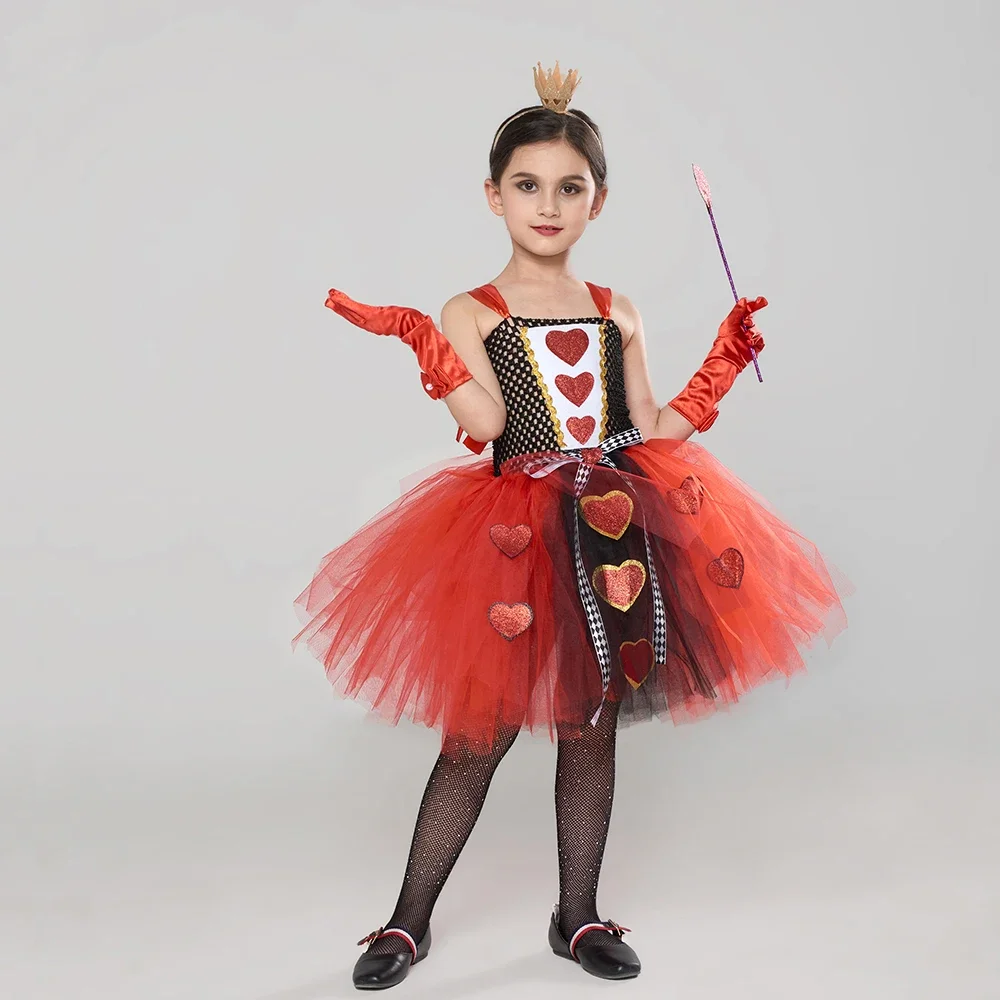 

Girls Queen of Hearts Costume Halloween Dress up Fancy Tutu Dress with Crown Classic Wonderland Red Queen Gown Clothes