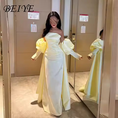 BEIYE Elegant Yellow Satin Sheath Formal Evening Dress Women Long Sleeves Strapless Prom Dress Open Back Party Gowns Customized