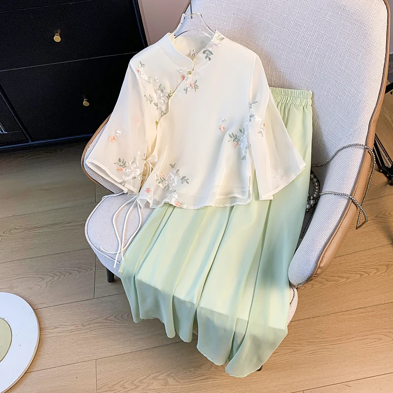 

Новая китайская блузка с поясом, воротником на пуговицах, асимметричным подолом, удлиненными рукавами, в стиле ретро, полу-юбка, женский этнический костюм