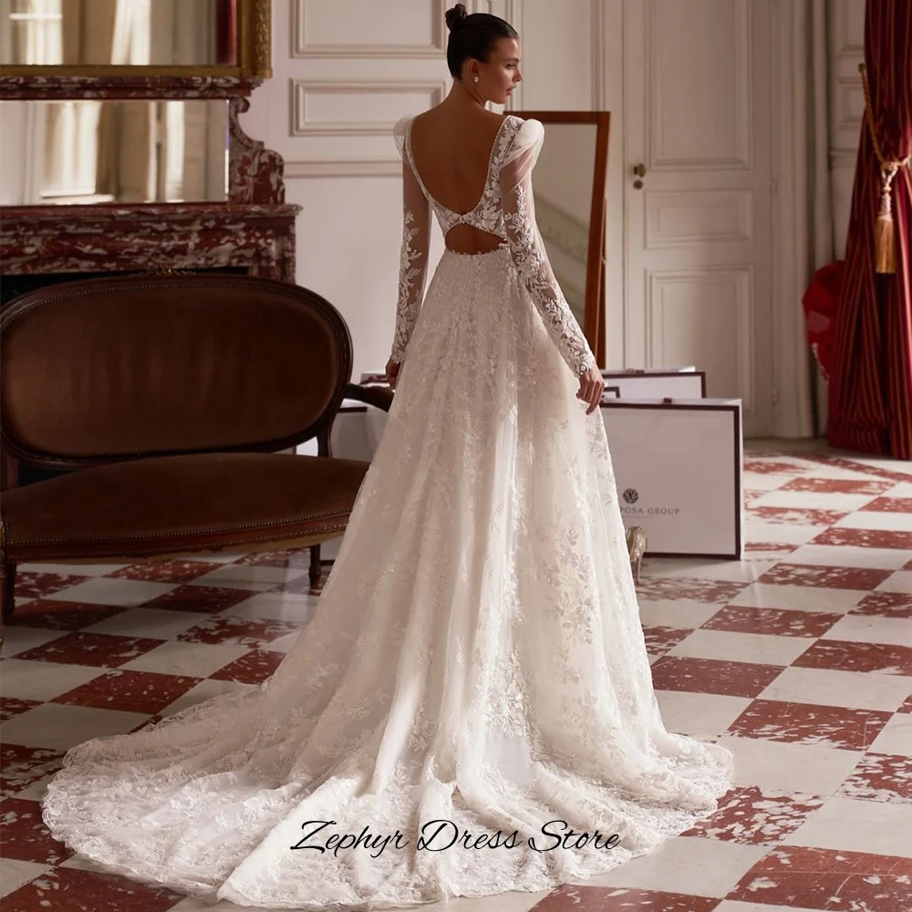 Deep V-neck A-Line Vestido De Novia Elegant Backless Long Sleeves Customized Bridal Gown Exquisite Appliques Tulle Wedding Dress