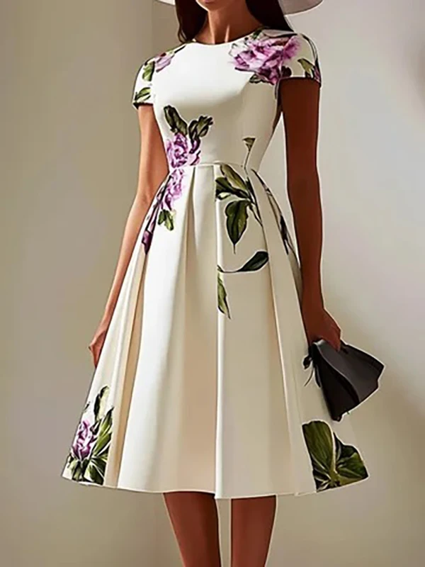 Women's 2025 New Evening Midi Dresses Summer Elegant Flower Print Pleated High Waisted A-line Birthday Party Dresses for Woman