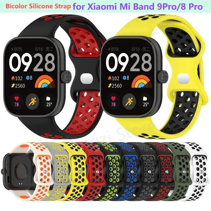 Bicolor Silicone Strap For Xiaomi Mi Band 9 Pro 8 Pro Breathable Sport  Watch Bracelet Miband 9Pro 8Pro WristBand Accessories