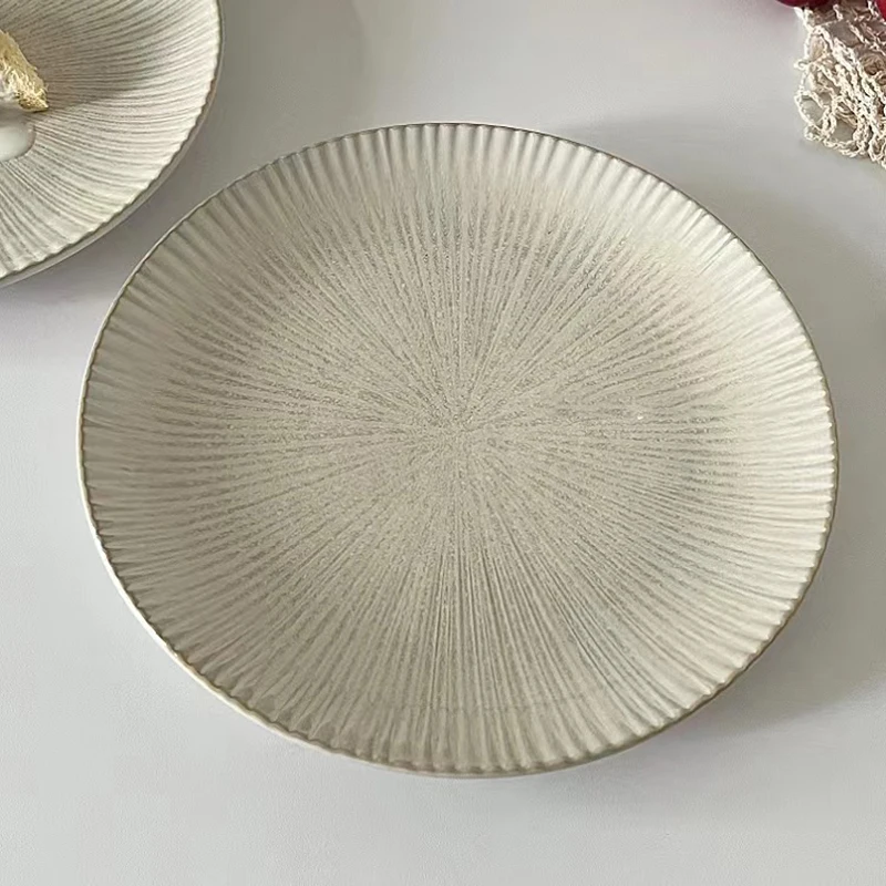 أطباق سيراميك إسكندنافية طبق تقديم منزلي بني عتيق عالي الجودة سعة كبيرة طبق مستدير بسيط كعكة الحلوى أدوات المائدة