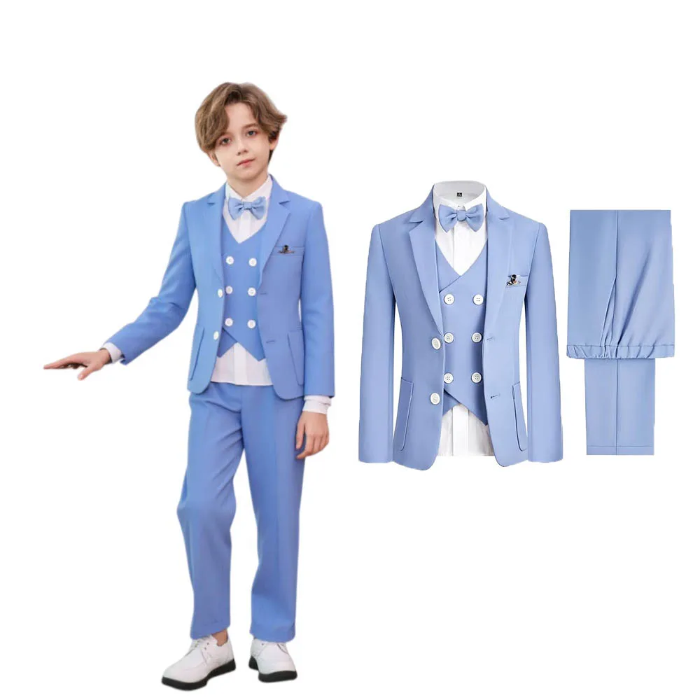 

Boys Slim Fit Blue 5Pieces/Set Jacket Vest Pants Bowtie Brooch Piano Dress Kids Easter Wedding Performance Set Children Costume