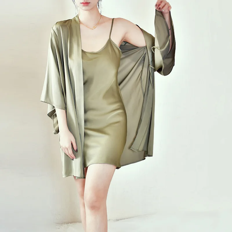 Sexy Silk Nightgown Robe Set Women's Nightdress Gown 2-Piece Set Spring Summer Satin Softest Robes 2025 New Lounge Bathrobe Slip