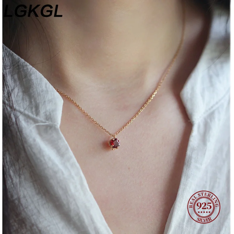 

LGKGL S925 Sterling Silver 14K Gold Plated Pomegranate Red Zircon Pendant Necklace Clavicle Chain Gift for Women Vintage Elegant