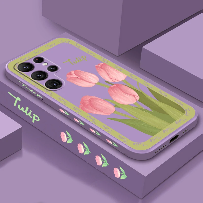 

Tulip Rabbit Pink Art Cute Liquid Left Rope For Samsung Galaxy S24 S23 S22 S21 S20 FE S10 Ultra Plus Lite 5G Soft Phone Case