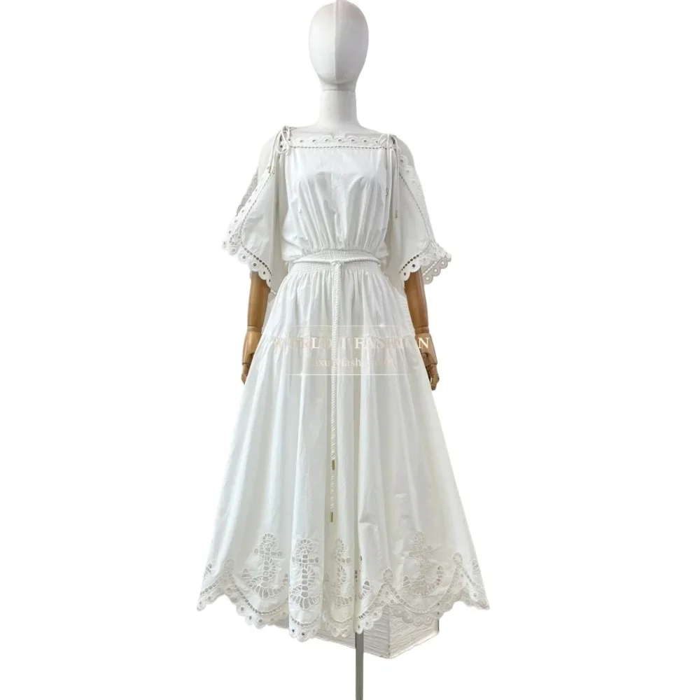 

White Embroidery Off The Shoulder Wavy Edge Short Sleeve Midi Dress 2025 Cotton