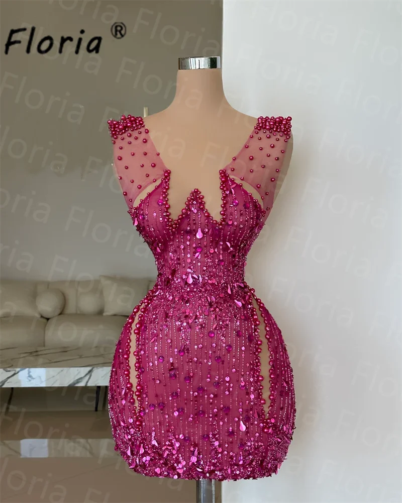 Vestido de cóctel Rosa hecho a mano, minivestido elegante con cuentas de perlas Fushia, Sexy, para ocasiones especiales, Homecoming, fiesta de cumpleaños, graduación