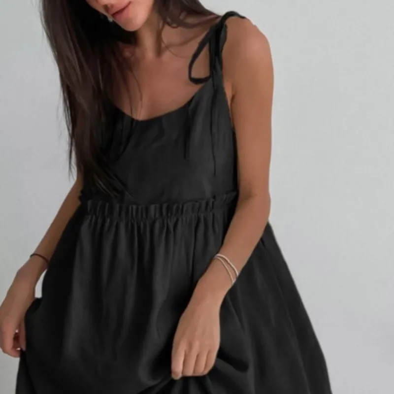 Elegant Cotton And Linen Loose Mini Dress For Women, Simple And Casual Pleated Short Skirt