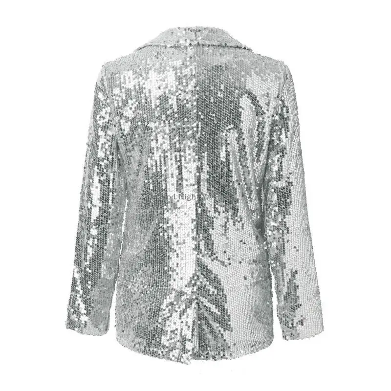 Fashionable Womens Open Front Sequins Jackets with Lapel Collar Coat