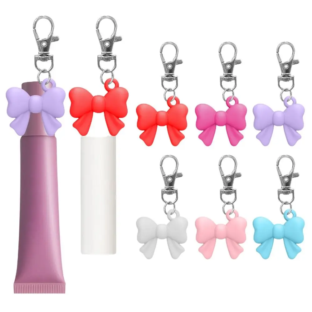 Silicone Lip Balm Holder Bowknot with Keyring Lipgloss Sleeve Flexible Colorful Keychain Lip Gloss Cap for Summer Fridays view 2