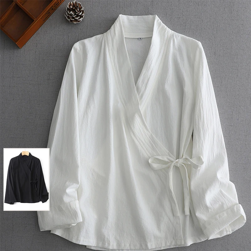 Csa de Manga Longa Estilo Chinês Fena Casual com Gola Cruzada e Laço em Aodão Tamanho ande Moda de Início de Outono