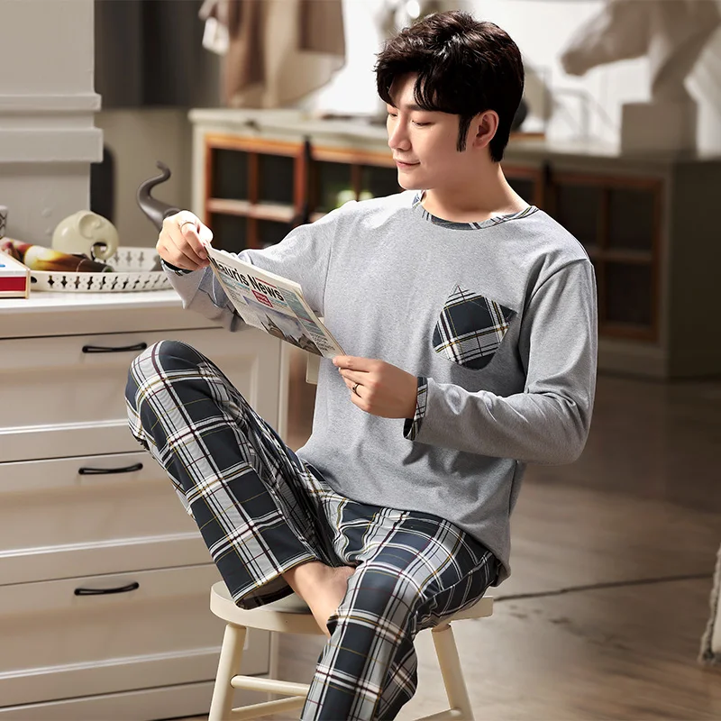 Simple Men Pajamas Sets Autumn Winter Long Sleeves Long Pants Cozy Sleepwear Boys Pyjamas Soft Pijamas Casual Pjs Sleeping Plaid