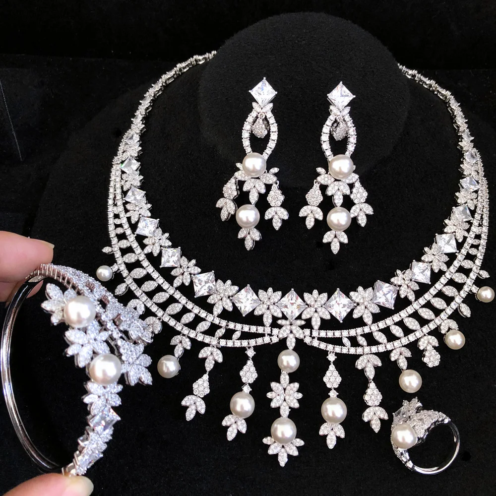 Missvikki Luxury 4PCS Big Flowers Shiny Pearls Jewelry Set For Women Wedding Party Zirconia Indian Dubai Bridal Accessory