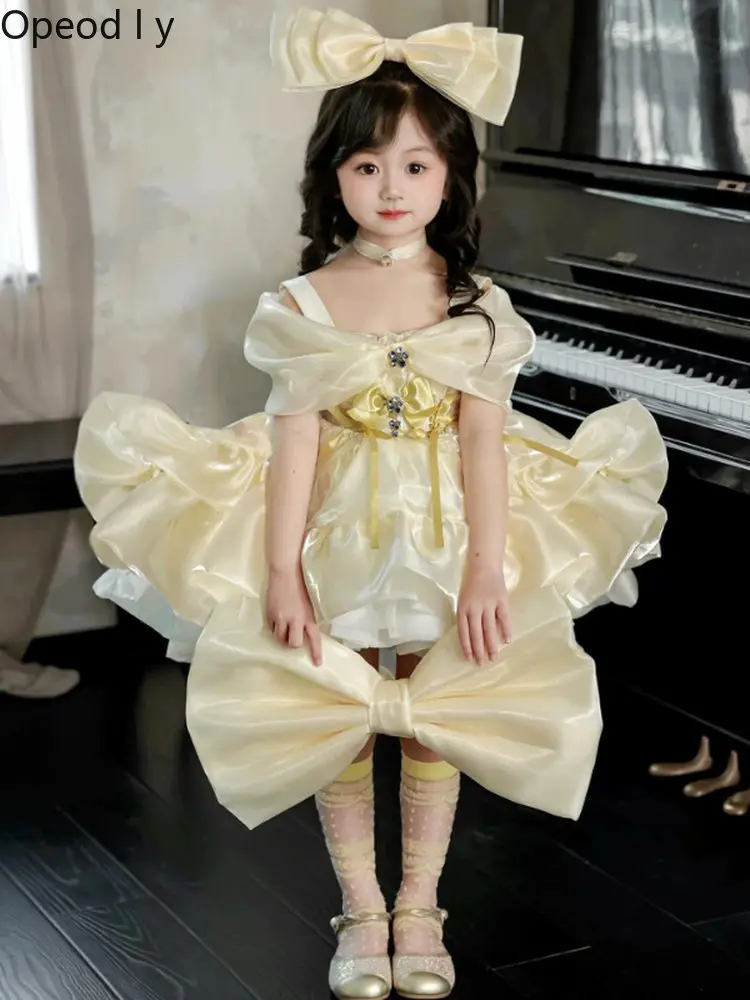 

Little Girl High-end Dress Luxury Sweet Trailing Dress Spring and Summer New Cute Girl Birthday Party Princess Dress Wedding