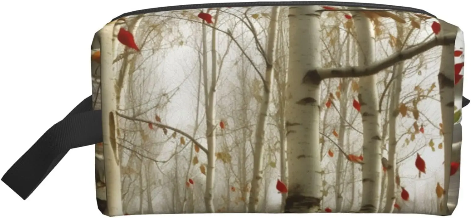 Travel Toiletry Bag for Women Men Leather Makeup Bag Large Portable Travel Organizer Birch Trees Fall Cosmetic Bag