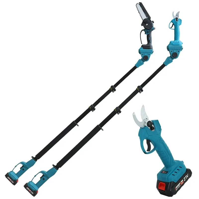 Electric garden set, telescopic rechargeable battery-powered cordless pole, chainsaw, and Pruna