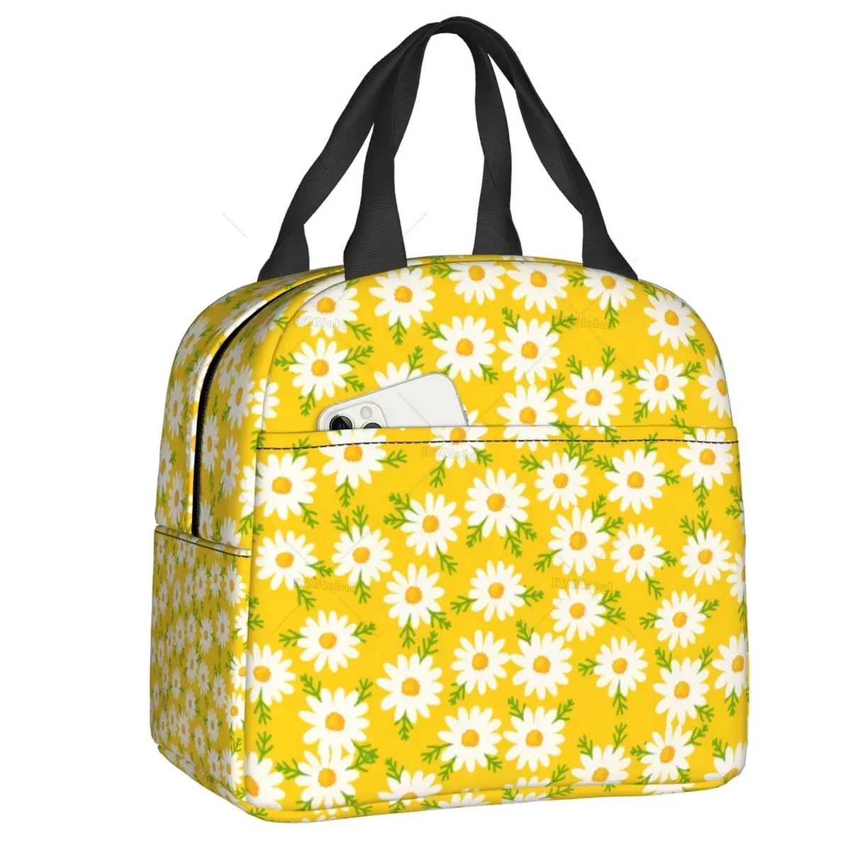 Floral Daisy Print Insulated Lunch Bag for Women Chamomile Flowers Cooler Thermal Lunch Tote Box Portable Picnic Food Bento Bags